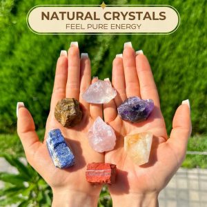 Anima Premium 7 Chakra Healing Crystals Set for Energy Alignment - Large Raw Amethyst, Rose Quartz, Citrine, Lapis Lazuli, Clear Quartz, Tigers Eye & Red Jasper - Wooden Gift...