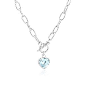 Birthstone Heart Paperclip Toggle Necklace Dual Clasp Paper Clip Chain Necklace 11mm Stone Heart Birthstone Jewelry Gifts for Women