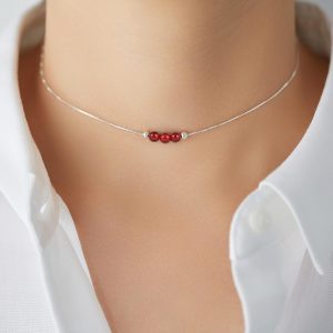 Dainty Crystal 925 Sterling Silver Choker Collar Necklace Handmade With 3 Beads Birthstone Jewelry Gifts for Women Young Lady Mother Friends Keenove