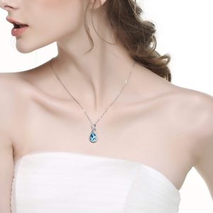 Diamond and Natural Aquamarine Sterling Silver Teardrop Necklace, Hypoallergenic Necklace, Anniversary Birthday Diamond Aquamarine Jewelry Gifts for Women,Gift for Mom