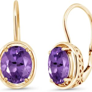 Gem Stone King 18K Yellow Gold Plated Silver Purple Amethyst Earrings | 3.32 Cttw | Oval Dangle Earrings For Women | Gemstone Birthstone | Oval 9X7MM