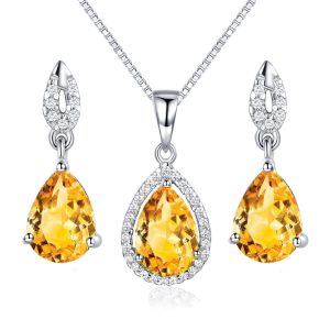 JIANGXIN Teardrop Birthstone 925 Sterling Silver Rhodium Plated Gemstone Jewelry Set for Women Stud Earring Pendant Necklace 16~18inch Italian Box chain