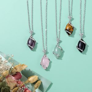 Jovivi Amethyst Rose Quartz Stone Necklace for Women Men, Full Wire Wrapped Natural Gemstone Reiki Healing Crystal Pendant Jewelry