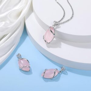 Jovivi Amethyst Rose Quartz Stone Necklace for Women Men, Full Wire Wrapped Natural Gemstone Reiki Healing Crystal Pendant Jewelry