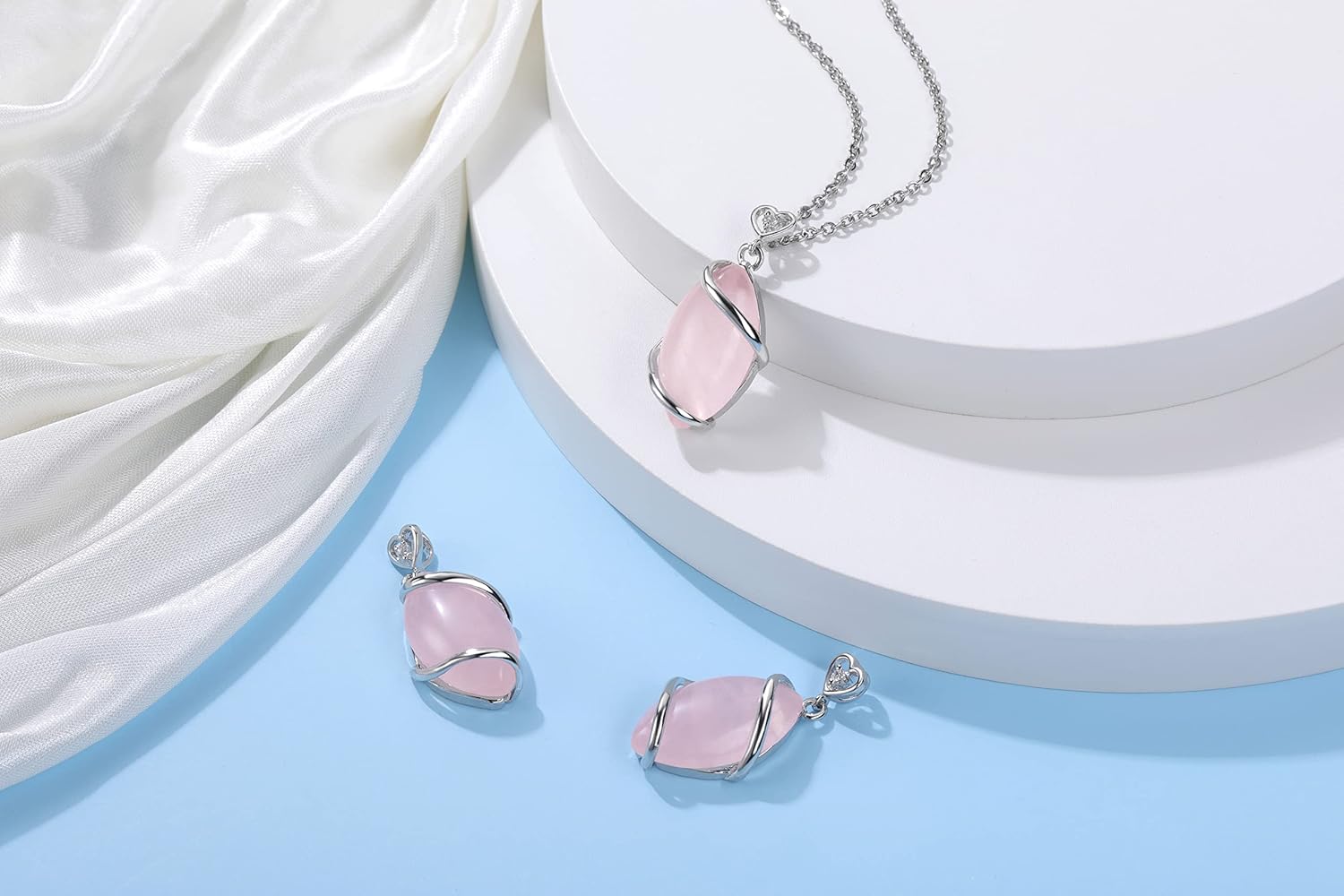 Jovivi Amethyst Rose Quartz Stone Necklace for Women Men, Full Wire Wrapped Natural Gemstone Reiki Healing Crystal Pendant Jewelry