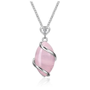 Jovivi Amethyst Rose Quartz Stone Necklace for Women Men, Full Wire Wrapped Natural Gemstone Reiki Healing Crystal Pendant Jewelry