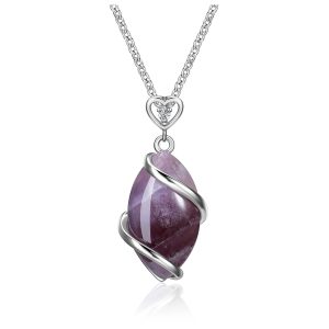 Jovivi Amethyst Rose Quartz Stone Necklace for Women Men, Full Wire Wrapped Natural Gemstone Reiki Healing Crystal Pendant Jewelry