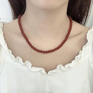 Kakikaki Natural Agate Choker Necklace Sterling Silver Round Beads Strand Necklace for Women