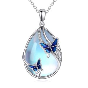 KQF Dragonfly/Butterlfy/Cat/Jellyfish/Bunny/Axolotl/Bee/Mermaid/Hummingbird/Elephant Necklace for Women Sterling Silver Moonstone Pendant Necklace Dragonfly Jewelry Gifts for Women