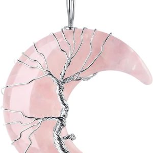 MAIBAOTA Healing Crystal Necklace, Tree Life Wire Wrapped Crescent Moon Necklace, Natural Stone Pendant Necklaces, Mothers Day Gifts for Mom, Gemstone Jewelry Gifts for Women