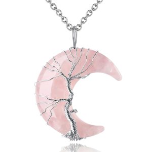 MAIBAOTA Healing Crystal Necklace, Tree Life Wire Wrapped Crescent Moon Necklace, Natural Stone Pendant Necklaces, Mothers Day Gifts for Mom, Gemstone Jewelry Gifts for Women