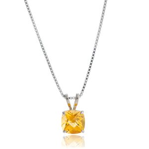 MAX + STONE 925 Sterling Silver Cushion Cut Birthstone Necklace for Women | 6mm Hypoallergenic Solitaire Necklace | Gemstone Pendant Necklaces with 18 inch Box Chain