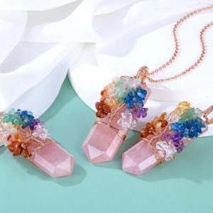 Natural 7 Chakra Stone Life Tree Pendant Necklace Reiki Healing Crystal Tumbled Stones Necklace Women Jewelry for Good Luck, Meditation, Protection, Energy Balancing, Gift