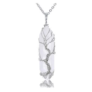 PESOENTH Tree Of Life Reiki Healing Crystal Energy Stone Clear Quartz Pendant Necklace Silver Wire Wrapped Raw Gemstone Hexagonal Prism Pointed Crystal Pendant Jewelry for Women...