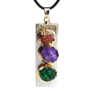 Selenite Crystal Necklace for Women, Natural Amethyst Crystal Pendant Necklace, Triple Protection Gemstone Gem Stones Crystals and Healing Stones for Anxiety Stress Relief