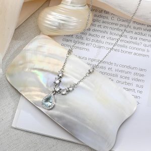 Silver Aquamarine Light Blue Teardrop Pendant Birthstone Crystal Adjustable Necklace Chain Cubic Zirconia Thin Necklace for Women
