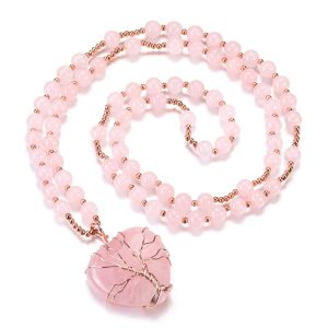 Top Plaza Healing Crystal Amethyst Necklace Natural Stone Beads Life Tree Wire Wrapped Teardrop Gemstone Pendant Jewelry for Women Mom