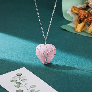 Top Plaza Natural Rose Quartz Healing Crytal Necklace Silver Life Tree Wire Wrapped Heart Shape Stone Pendant for Womens Girls Ladies