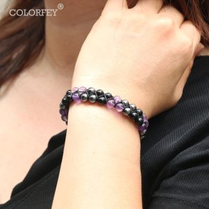 Triple Protection Bracelet for Women, Genuine Healing Crystal Bracelet Amethyst Black Obsidian Hematite 6mm, Pyramid Energy Crystal Beads Bracelets Stone Bracelets for Mom Wife...