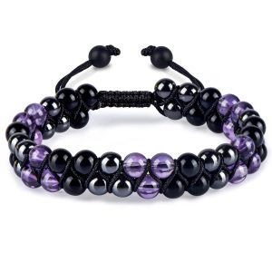 Triple Protection Bracelet for Women, Genuine Healing Crystal Bracelet Amethyst Black Obsidian Hematite 6mm, Pyramid Energy Crystal Beads Bracelets Stone Bracelets for Mom Wife...