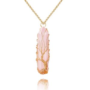 VIBILIA Healing Crystal Necklace Tree of Life Wire Wrapped Natural Stone Point Pendant Necklace Hexagonal Reiki Spiritual Quartz Gemstone Jewelry for Women Men