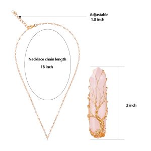 VIBILIA Healing Crystal Necklace Tree of Life Wire Wrapped Natural Stone Point Pendant Necklace Hexagonal Reiki Spiritual Quartz Gemstone Jewelry for Women Men