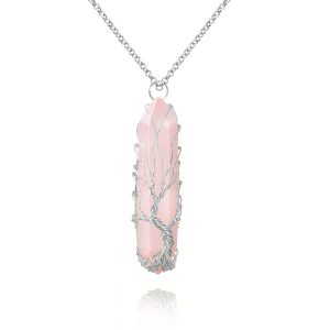 VIBILIA Healing Crystal Necklace Tree of Life Wire Wrapped Natural Stone Point Pendant Necklace Hexagonal Reiki Spiritual Quartz Gemstone Jewelry for Women Men