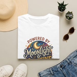 Alternative view of T-Shirt — "Powered by Moonlight & Caffeine" Retro Moon Coffee Graphic Tee